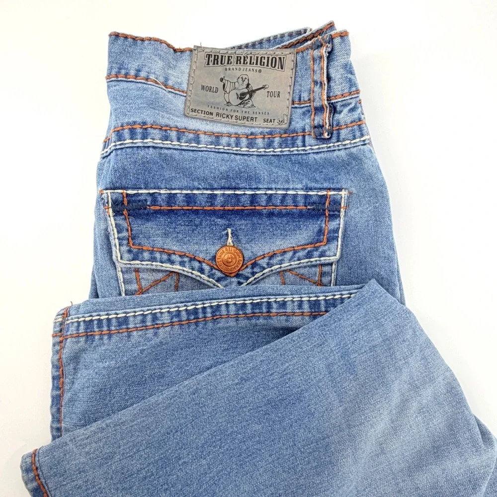True Religion Ricky Super T Jeans Mens 40 Blue Good Altered Hem Straight Leg